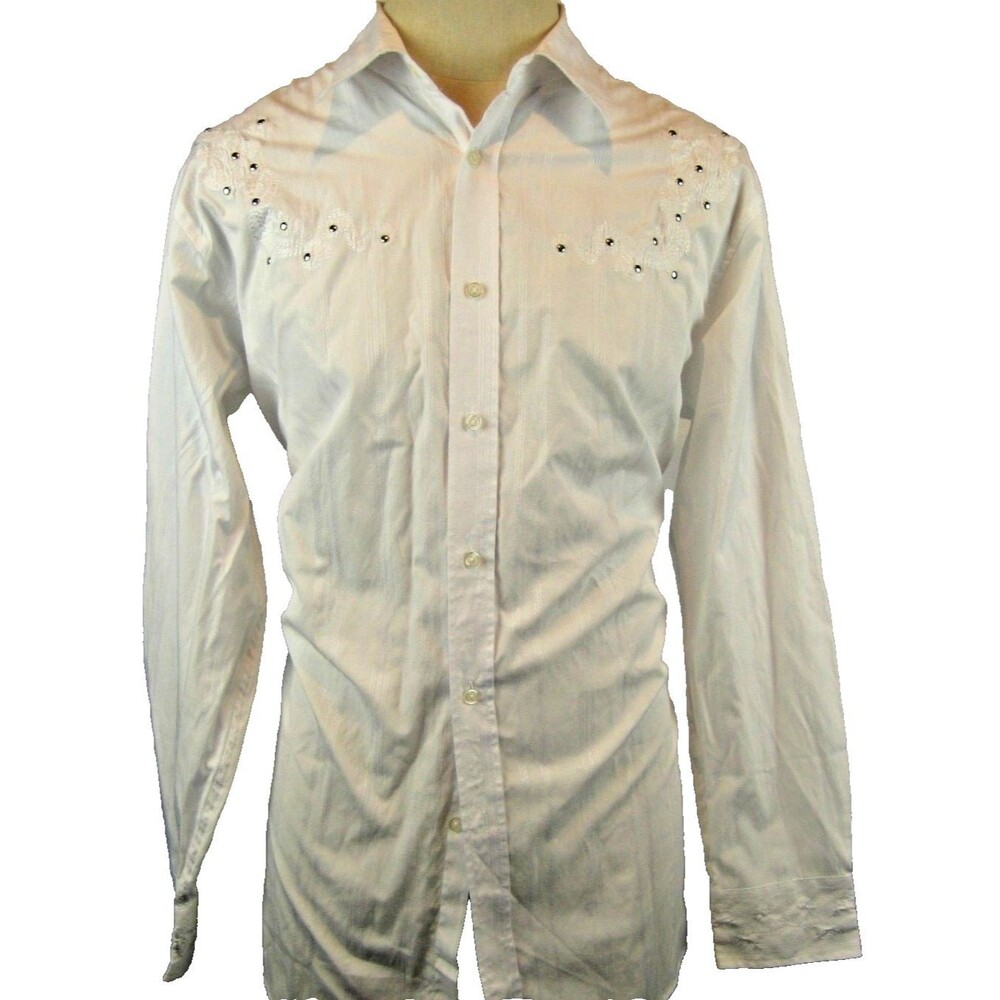 Mens Eddie Domani LS Studded & Embroidered White on White Casual Shirt sz XL